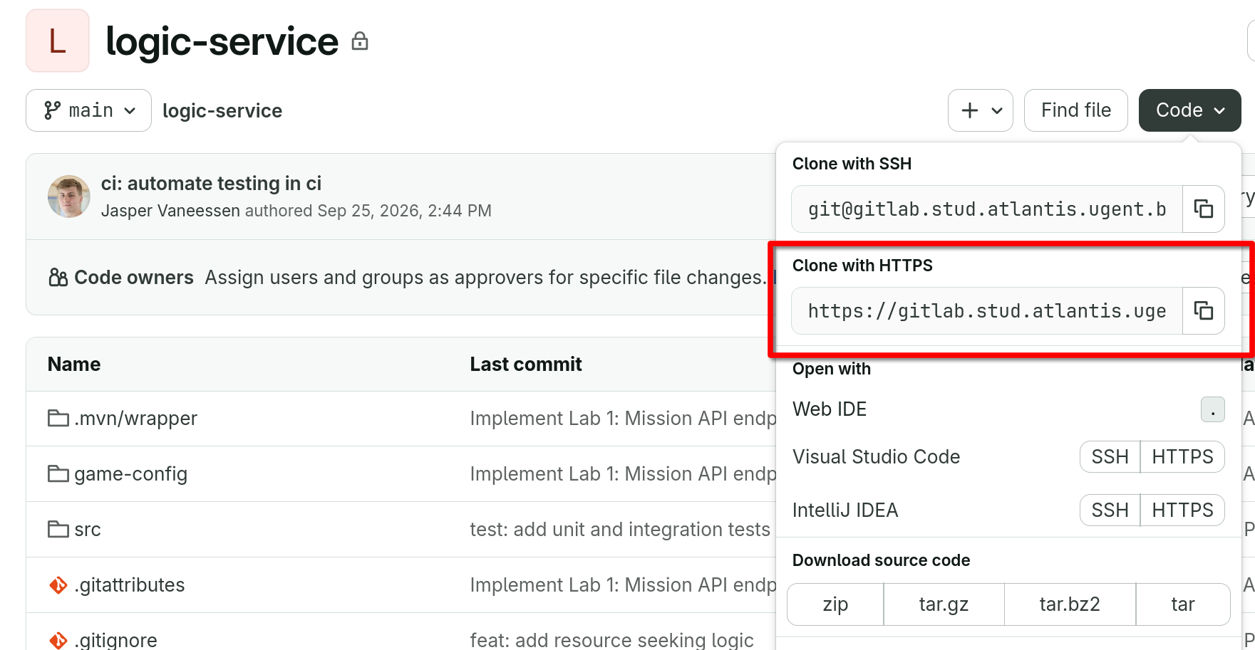 Code button on GitLab project page
