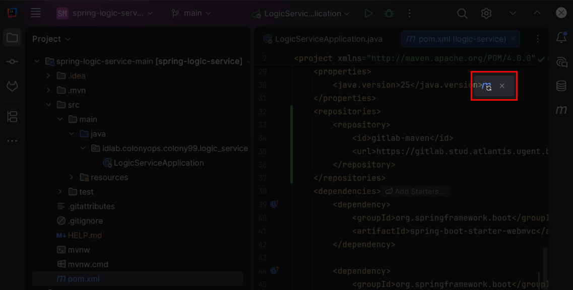 Maven reload icon next to the pom.xml editor tab