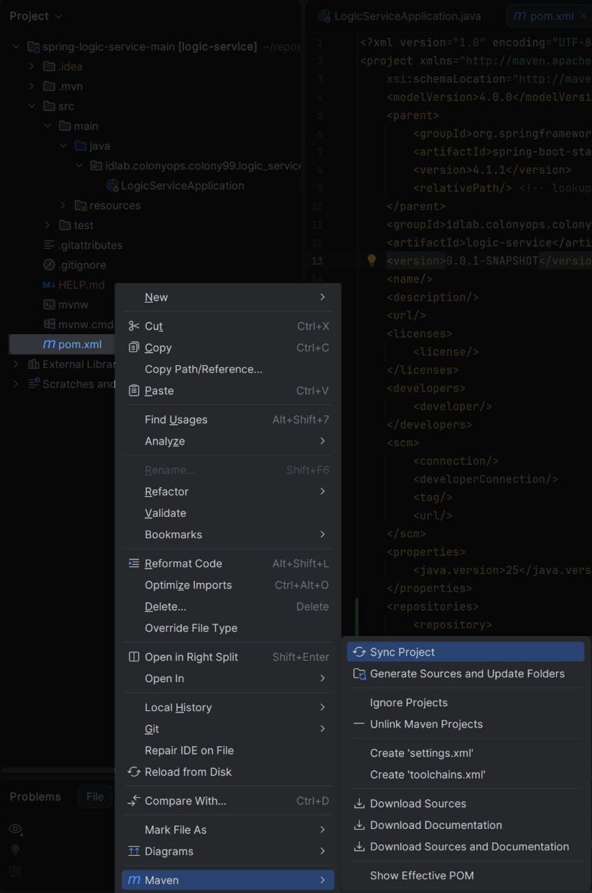 Maven Context menu with the reload option highlighted