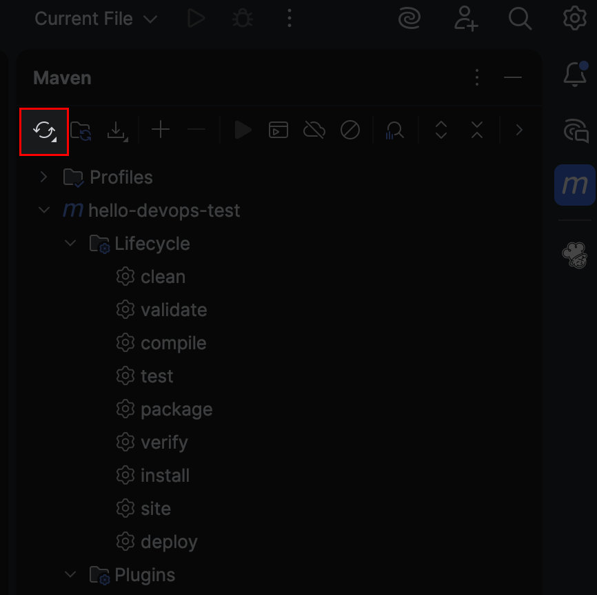Maven tool window in IntelliJ with the reload button highlighted